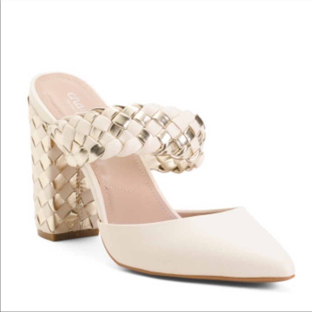 Charles David Cream and Gold Braided Block Heel Mules